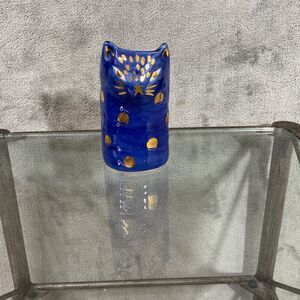 Bird Can Fox for Anthropologie Ceramic Cat-Shaped Vase Brush pen holder blue/gld